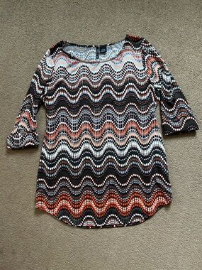 Orange & Neutral Print Womens Dressy Top Size Large New Directions Long Sleeved